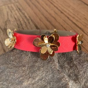 Kate Spade Pink Red Leather Gold Floral Bracelet